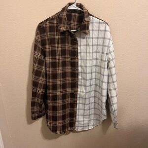 SHEIN Two-Tone Brown and White Plaid Shirt